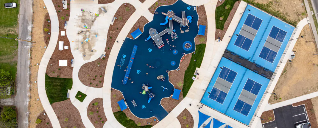 Overview drone photo of the BlueCross Healthy Place at Riverwalk Park.